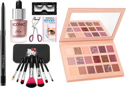 Crynn Smudge Proof Waterproof Rosedale Kajal & Set of 7 Makeup Brush & Studio Professional Iconic Shine & Original Illuminator Highlighter & False Eyelash , Glue , Curler & Nude Glazed Eyeshadow Palette