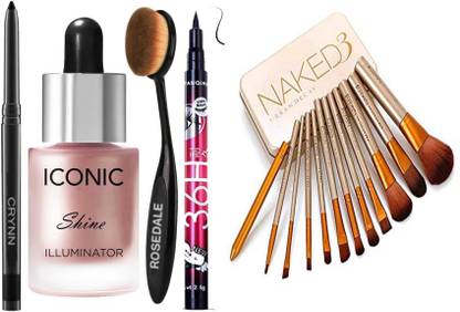 Crynn Smudge Proof Waterproof a Kajal & Yanqina 36H Deep Black Precision Eyeliner & Studio Professional Iconic Shine Illuminator Highlighter & Oval Perfect Foundation Concealer Blusher Eyeshadow Brush & Round Perfect Naked 12 Makeup Brush