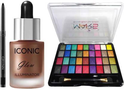 Crynn Smudge Proof Waterproof Rosedale Kajal & Studio Professional Iconic Glow Illuminator Highlighter & Mars 36 Velvet Eyeshadow Palette