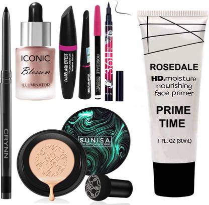 Crynn Smudge Proof Waterproof Kajal & Studio Professional Iconic Blossom Illuminator Highlighter & Cushion Foundation & 3in1 Eyeliner Mascara Eyebrow Pencil & Deep Black Eyeliner & Face Primer