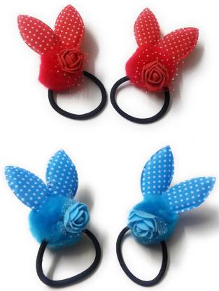 mom's darling Girl's Fur Pompom Rabbit Ear Hair Tie Rubber Bands Style  Ponytail Holder. Hair Accessories for girls. Pack Of 4 Piece. Color- RED &  BLUE Rubber Band Price in India -