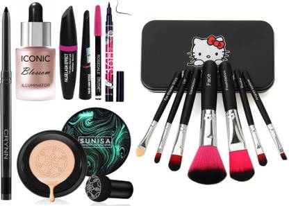 Crynn Smudge Proof Waterproof Kajal & Highlighter & Foundation & 3in1 Eyeliner Mascara Eyebrow Pencil & Black Eyeliner & 7 Makeup Brush