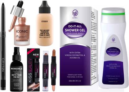 Crynn Smudge Proof Waterproof Rosedale Kajal & Studio Professional Iconic Original's Illuminator Highlighter & Kiss Beauty Highlighter & Contour Stick & The Matte Fixer Face Spray & Studio Fit Focus Foundation & Do It All Hair Face Body Shower Gel Wash