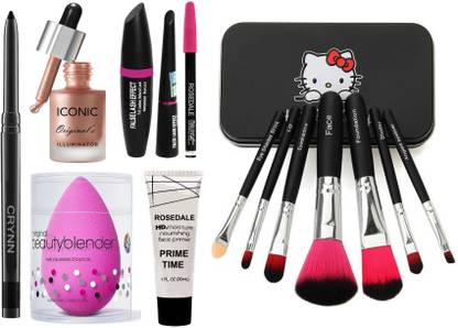 Crynn Smudge Proof Waterproof Rosedale Kajal & Studio Professional Iconic Original's Illuminator Highlighter & Beauty Blender Sponge Puff & Illuminating Matte Face Primer & 3in1 Eyeliner , Mascara , Eyebrow Pencil & Naked Perfect 7 Makeup Brush