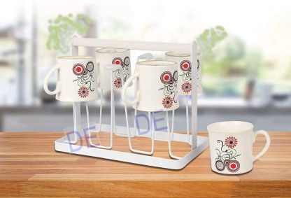 White 6 Cups Plate Stand Holder Metal Mug Cup Drying Rack Mug Cup Hanging Drainer Drain Rack Cup Display Stand Milk Cup Drying Shelf Coffee Tea Drinking Cup Mug Organizer Home Storage Supplies 
