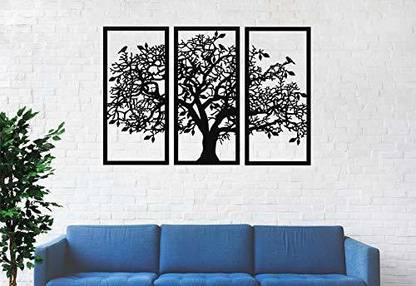 BRIGHT WOOD CRAFT Tree of Black MDF Life 3 Panels, Tree Wall Art, Wall