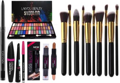 Crynn Smudge Proof Rosedale Kajal & 1 51 Perfect Glam Eyeshadow Palette & 3in1 Eyeliner , Mascara , Eyebrow Pencil & k Beauty Highlighter & Contour Stick & Studio Fit 10 Makeup Brush