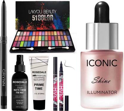 Crynn Smudge Proof Rosedale Kajal & Lakyou Perfect 51 Signature Velvet Eyeshadow Palette & Studio Perfect Primer & Fixer & Yanqina 36H Deep Black Eyeliner & Studio Iconic Shine illuminator Highlighter