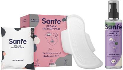 Sanfe Clean Period Set – Rash Free Bamboo Sanitary Pads (12 Night) and Intimate Wash (Cucumber & White Lily)  (2 Items in the set)