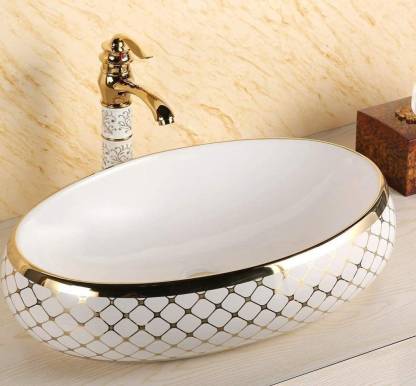 Tap & Tile Premium quality White and Golden Table Top wash Basin size 24 x 16 x 6 Inch finish TMT_203 Table Top Basin Price in - &