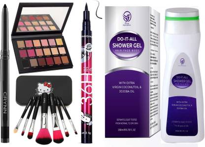 Crynn Smudge Proof Kajal & Rose Gold Remastered Velvet Eyeshadow Palette & Yanqina 36H Deep Black Eyeliner & Naked Perfect Set of 7 Makeup Brush & Do It All Hair Face Body Shower Gel Wash