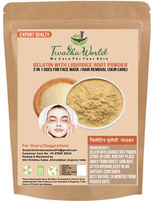 Twacha world Gelatin with Liquorice Root (Mulethi ) Powder (2 in 1 Uses) for DIY Face Mask/Hair removal (Skin Care) 50 GM - Price in India, Buy Twacha world Gelatin with Liquorice Twacha world Gelatin with Liquorice Root (Mulethi ) Powder (2 in 1 Uses) for DIY Face Mask/Hair removal (Skin Care) 50 GM - Price in India, Buy Twacha world Gelatin with Liquorice