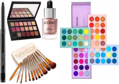 Crynn Smudge Proof Rosedale Kajal & Rose Gold Remastered Velvet Eyeshadow Palette & Professional Iconic Shine Illuminator Highlighter & Naked Perfect Set of 12 Glazed Makeup Brush & Beauty Glazed Color Board 60 Shades Eyeshadow Palette