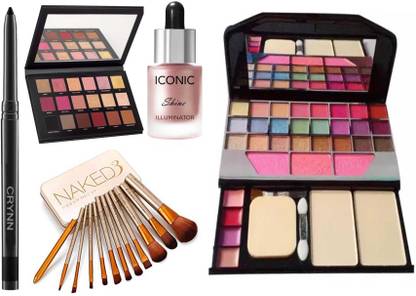 Crynn Smudge Proof Rosedale Kajal & Rose Gold Remastered Velvet Eyeshadow Palette & Professional Iconic Shine Illuminator Highlighter & Naked Perfect Set of 12 Glazed Makeup Brush & TYA 6155 Makeup Kit