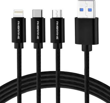 Ambrane Trio-11 1.25 m Power Sharing Cable  (Compatible with Ios Devices, Android Devices, Type C Devices, Black, One Cable)