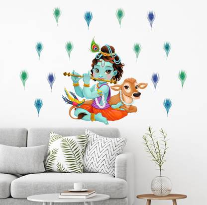 LADECOR 90 cm Lord Krishna Flute Singing With Cow And Peacock Petal Wallpaper Home Decorative' Wall LADECOR 90 cm Lord Krishna Flute Singing With Cow And Peacock Petal Wallpaper Home Decorative' Wall
