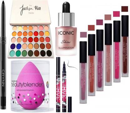 Crynn Smudge Proof Kajal & Jaclyn Hill Glazed Eyeshadow Palette & Beauty Blender Sponge Puff & 36H Deep Black Eyeliner & Studio Shine Illuminator Highlighter & Catsuit 6 Liquid Matte Lipsticks