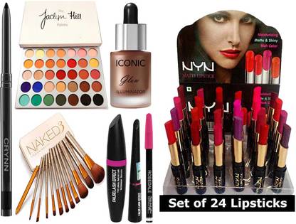Crynn Smudge Proof Rosedale Kajal & Jaclyn Hill Glazed Eyeshadow & Naked Perfect 12 Makeup Brush & 3in1 Eyeliner Mascara Eyebrow Pencil & Iconic Glow Illuminator Highlighter & NYN 24 Moisturising Matte Lipsticks