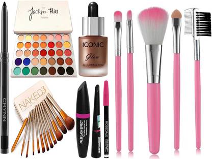 Crynn Smudge Proof Rosedale Kajal & Jaclyn Hill Glazed Eyeshadow & Naked Perfect 12 Makeup Brush & 3in1 Eyeliner Mascara Eyebrow Pencil & Iconic Glow Illuminator Highlighter & Professional 5 Makeup Brush