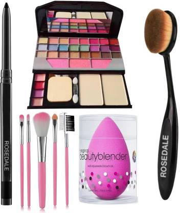 Crynn Smudge Proof Rosedale Kajal & TYA 6155 Makeup Kit & Beauty Blender Sponge Puff & Professional 5 Makeup Brush & Oval Makeup Brush