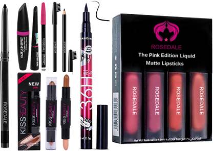 Crynn Smudge Proof Rosedale Kajal & 3in1 Eyeliner Mascara Eyebrow Pencil & Yanqina 36H Deep Black Eyeliner & Eyebrow Pencil & Kiss Beauty Highlighter & Contour Stick & Pink Edition Liquid Matte Lipsticks