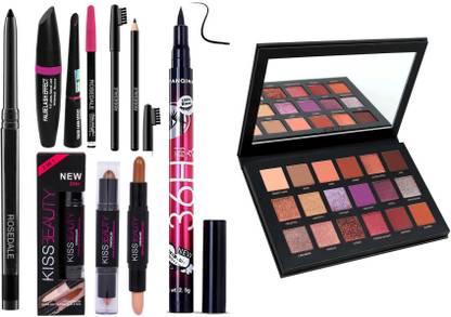 Crynn Smudge Proof Rosedale Kajal & 3in1 Eyeliner Mascara Eyebrow Pencil & Yanqina 36H Deep Black Eyeliner & Eyebrow Pencil & Kiss Beauty Highlighter & Contour Stick & Desert Dusk Glazed Remastered Eyeshadow Palette