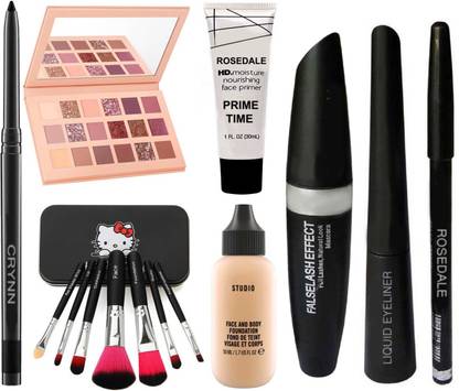 Crynn Smudge Proof Rosedale Kajal & Studio Professional 7 Makeup Brush & Fit Focus Foundation & Primer & 3in1 Insta Eyeliner Mascara Eyebrow pencil