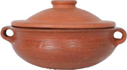 earthen fine crafts Earthen Cookware for Kitchen 1 Liter with lid/uruli/varp/ clay handi/Clay Pot/uruli/varp/ Handy/Organic/ Pre-Seasoned red Handy/ unglazed Handi 1 L with Lid