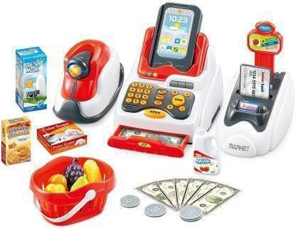 Calculator Cash Playset with Working Scanner Register Shopping Cart Play Money Pretend Play Set Toys Accessories for Kids Lights and Sounds Shopping Grocery Play Toys 