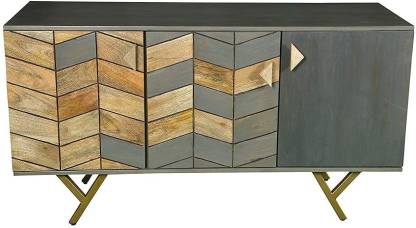 G Fine Furniture Solid Wood Sideboard Cabinet for Living Room | Kitchen Storage Side Board with 3 Door Cabinet Storage | Mango Wood & Iron, Natural & Grey Solid Wood Free Standing Sideboard