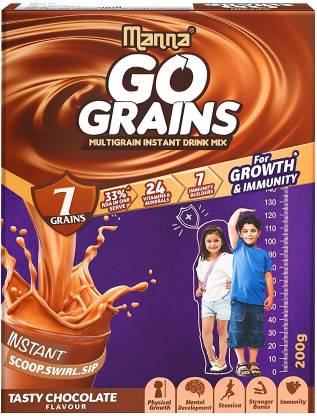 Manna Go Grains - 200g | Instant Multigrain Health & Nutrition Drink for Kids (Chocolate Flavour). 7 Grains, 24 Nutrients for Growth, 7 Immunity Builders