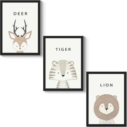 GS Decor Set of 3 Baby Deer, Tiger & Lion Wall Art 12 × 9 Inches