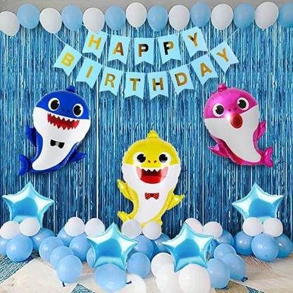 Flipkart Com Miss Chief By Flipkart Printed Baby Shark Birthday Decorations Kit 72pcs Combo Set Blue Happy Birthday Banner Shark Theme Foil Balloon Metallic Balloons Foil Curtains Girls Or Boys Baby