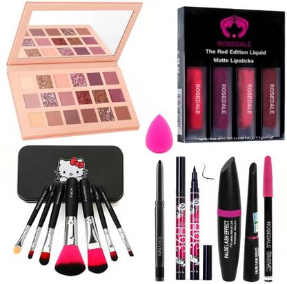 Crynn Smudge Proof Rosedale Kajal & Studio Pro Ultra Beauty Blender Sponge Puff & 3in1 Yanqina 36H Black Eyeliner Mascara Eyebrow Pencil & Perfect Blushed Glazed Eyeshadow Palette & Set of 7 Glazed Makeup Brush & Red Edition Liquid Matte Lipsticks