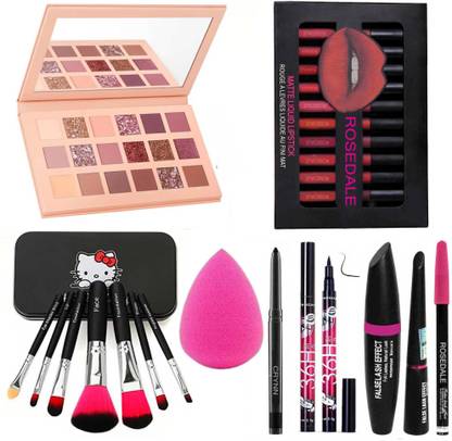 Crynn Smudge Proof Rosedale Kajal & Studio Pro Ultra Beauty Blender Sponge Puff & 3in1 Yanqina 36H Black Eyeliner Mascara Eyebrow Pencil & Perfect Blushed Glazed Eyeshadow Palette & Set of 7 Glazed Makeup Brush & Catsuit 12 Liquid Matte Lipsticks
