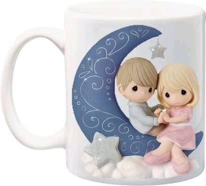 cookwell Cute Love Couple Cartoon Sit On Half Moon Beautiful Printed  Ceramic White Coffee And Tea