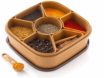 AneriDEALS Present 7 IN 1 Elegant Masala Box and Spice Containers Set With Spoon 1 Piece Spice Set  (Plastic, Brown)