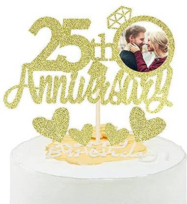 Zyozi Gold Glitter 25th Anniversary Cake Topper With Diamond Ring Heart Cake Decorations Set For 25th Wedding Graduation Retirement Company Celebration Party Pack Of 5 Edible Cake Topper Price In India