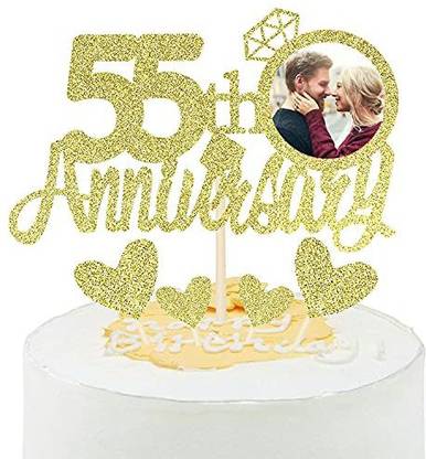 Zyozi Gold Glitter 55th Anniversary Cake Topper With Diamond Ring Heart Cake Decorations Set For 55th Wedding Graduation Retirement Company Celebration Party Pack Of 5 Edible Cake Topper Price In India