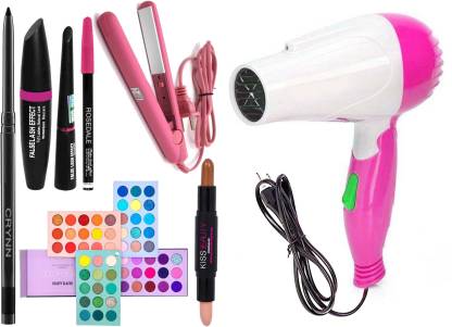 Crynn Smudge Proof Rosedale Kajal & Pro Ultra Saloon Professional Hair Straightener & 3in1 Eyeliner Mascara Eyebrow Pencil & Kiss Beauty Highlighter & Contour Stick & Beauty Glazed Color Board Eyeshadow Palette & Saloon Perfect Hair Dryer