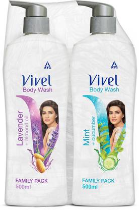 Vivel Body Wash, Lavender & Almond Oil, Mint & Cucumber, Shower Creme, Pump, Combo  (2 x 500 ml)