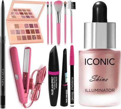 Crynn Smudge Proof Rosedale Kajal & Pro Ultra Saloon Professional Hair Straightener & 3in1 Eyeliner Mascara Eyebrow Pencil & Ultimate Glam Glazed Eyeshadow Palette & Professional 5 Makeup Brush & Iconic Professional Shine illuminator Highlighter