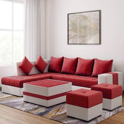 Torque Steffan L Shape 8 Seater Fabric, Wine Red Sofa Set