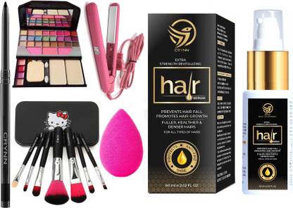Crynn Smudge Proof Kajal & Pro Ultra Saloon Professional Hair Straightener & 6155 Makeup & Eyeshadow Kit & Professional Set of 7 Makeup Brush & Beauty Blender Sponge Puff & Extra Strength Hair Serum