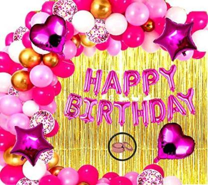 SV Traders Happy Birthday Decoration Pink Golden Theme For Adults/Boys/Girls/Kids/Husband/Wife Combo Kit Of 73 Pcs-Pink Foil HBD(13)+Golden Foil Curtain(1)+Pink Foil 18 Inches(Star 2+Heart 2)+Pink Confetti Balloons(4)+Metallic HD Balloons Pink(20)+Golden(10)+Pastel Pink(20)+Balloon Curling Ribbon(1)