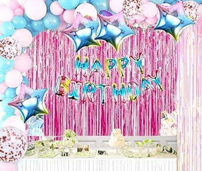 SV Traders Happy Birthday Decoration Rainbow Theme/Pink Theme/Blue Theme Combo Kit Of 73 Pcs-Rainbow Foil HBD(13)+Pink Foil Curtain(2)+Rainbow Foil Stars 18 Inches(4)+Rose Gold Confetti Balloons(4)+Pastel Balloons Pink(20)+Blue(20)