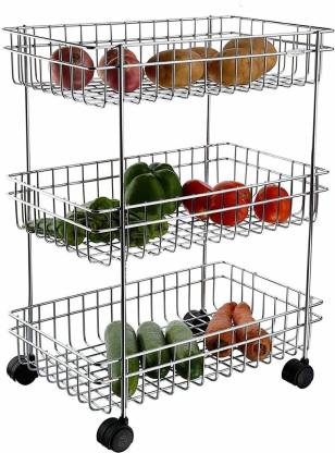AXUNE Axune 3 Layer Stand for Kitchen Fruit Vegetable Stand Storage Trolley Stainless Steel Kitchen Trolley (Pre-assembled) Stainless Steel Kitchen Trolley