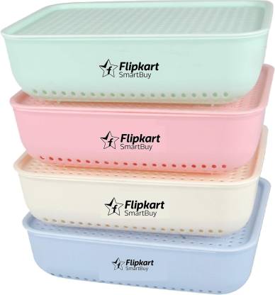 Flipkart SmartBuy Combo Of 4 Small Size Attractive Color Basket with Lid Plastic Box Organiser for Home Kitchen Storage Basket Storage Basket