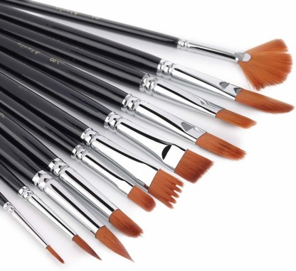 12Pcs Artist Paint Brush Set Angled/Filbert For Acrylic Oil Watercolor Painting