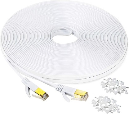White, 100FT Cat 6 Ethernet Cable 100 ft White Computer LAN Cable Flat RJ45 high Speed Internet Patch Cable Ethernet Cord with Cable Clips for modems 